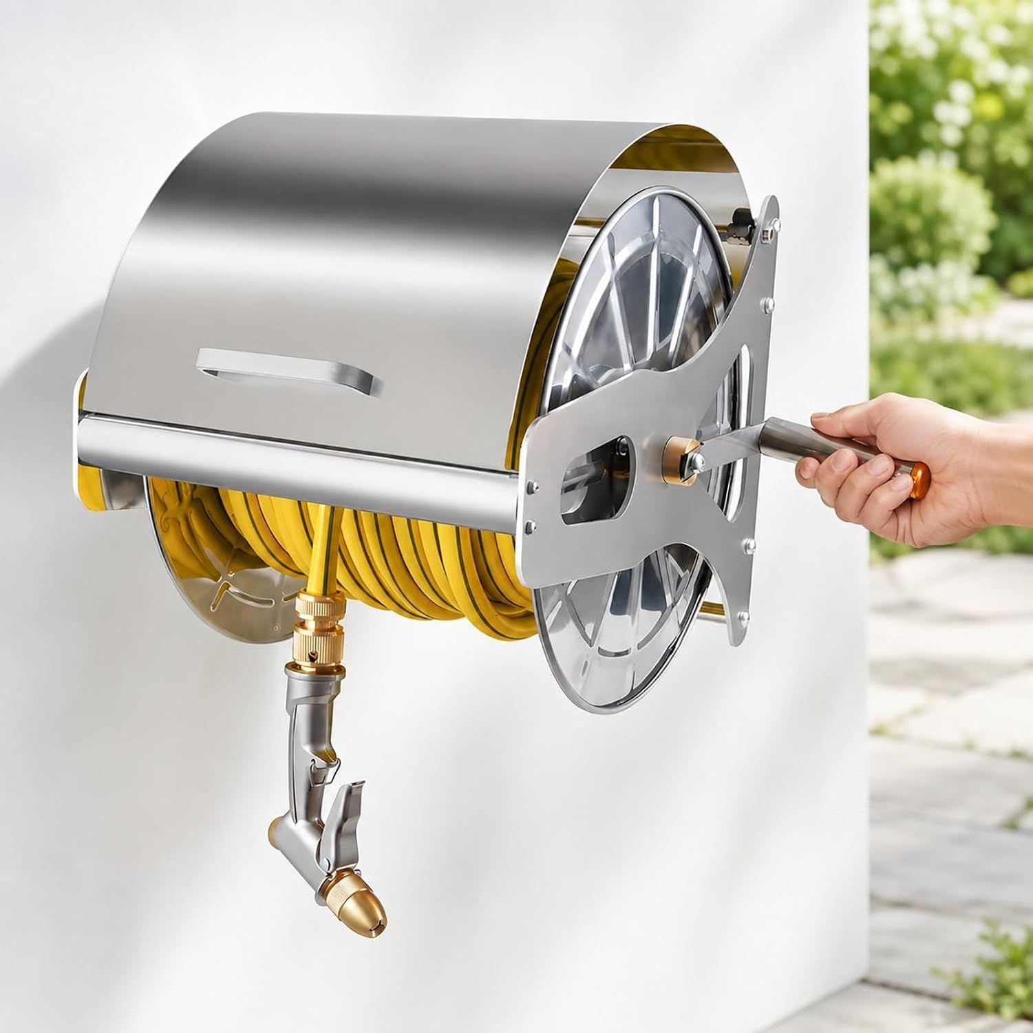 Avvolgitubo da Giardino Acciaio Inox, capacità 50m per Tubo 12mm, Manovella Girevole, Fissaggio a Parete o su Supporto, Protezione Solare e Antipolvere, 30m, 30m