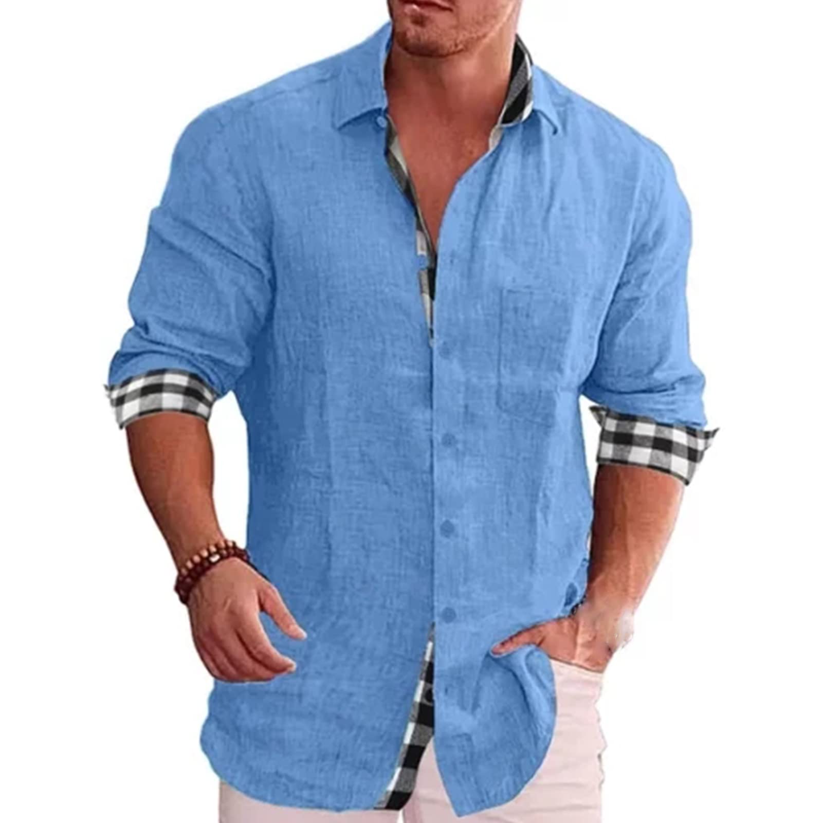 Summer Gentleman Paneled Casual Buttons Pocket Blouse Plaid Collar Long Sleeve Button Down Shirt