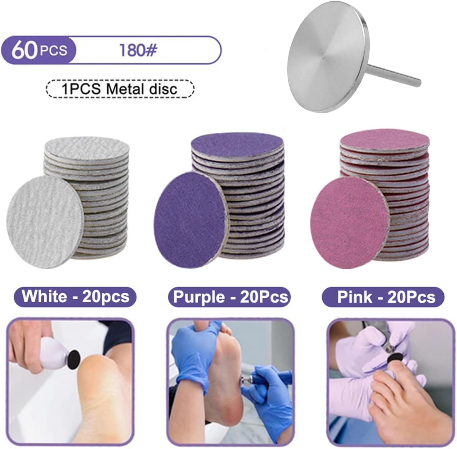 Metal Nail Drill Bit and 60Pcs Sanding Paper Discs(180# Grit), Bestgle 25mm Pedicure Disc Replacement Sanding Discs Bits for Nail Drill Foot Files Electric Remover Dead Skin Manicure Pedicure