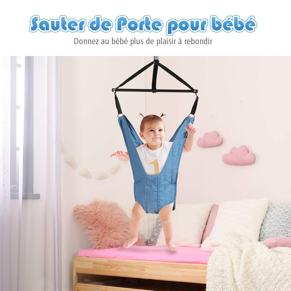 COSTWAY Siège Sauteur Suspendu Bébés de 6-12Mois avec Chaîne Réglable 29-93CM, Siège en Tissu TC avec Tube en Fer Charge Max. 12KG Bleu