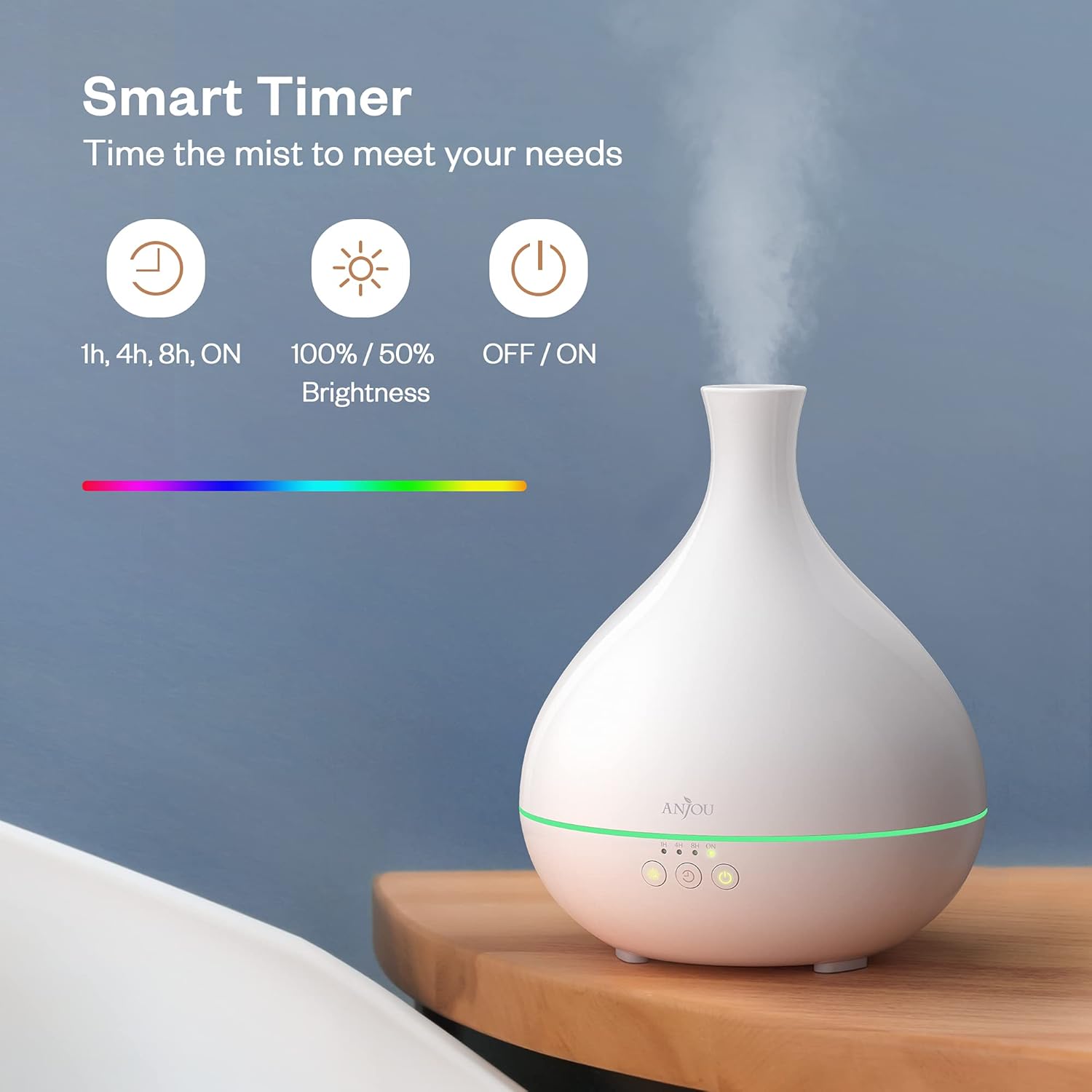 Anjou diffuser showing smart timer and LED light controls.
