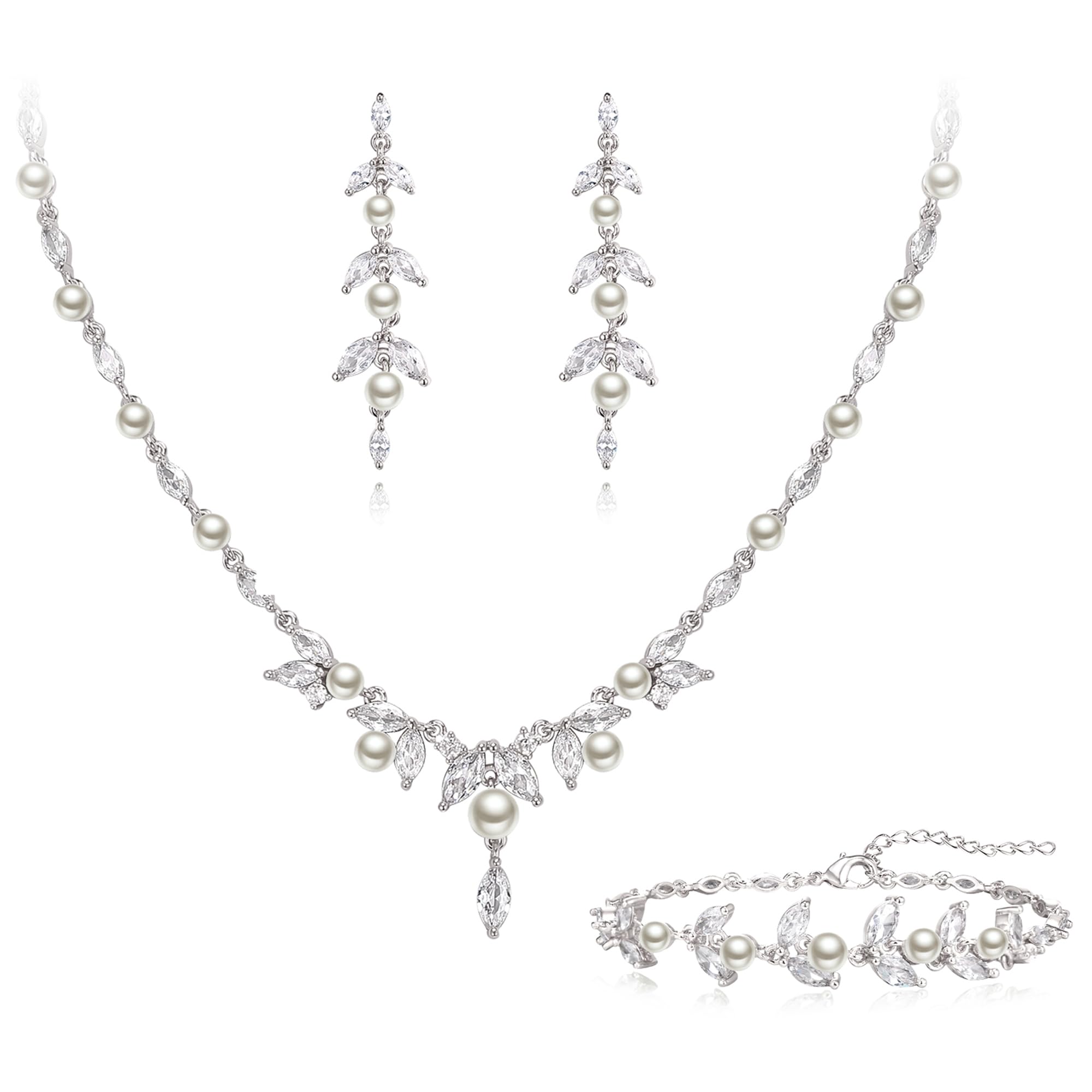 Conjunto de joyería de boda para novias, elegante perla simulada de circonio cúbico colgante collar marquesa hoja gota pendientes conjunto para damas fiesta