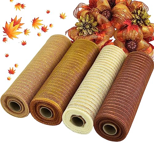 TONIFUL 4 Rolls 10 Inch Brown/Gold/Khaki/Beige Decorative Mesh Ribbbon Rolls,