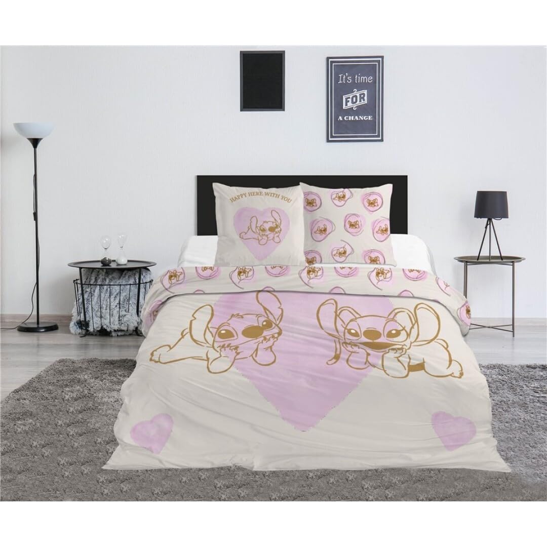 Aymax Cream Stitch & Angel Heart Double Bedding Set, Duvet Cover 240 X 220 Cm + 2 Pillowcases 65 X 65 Cm, Polycotton