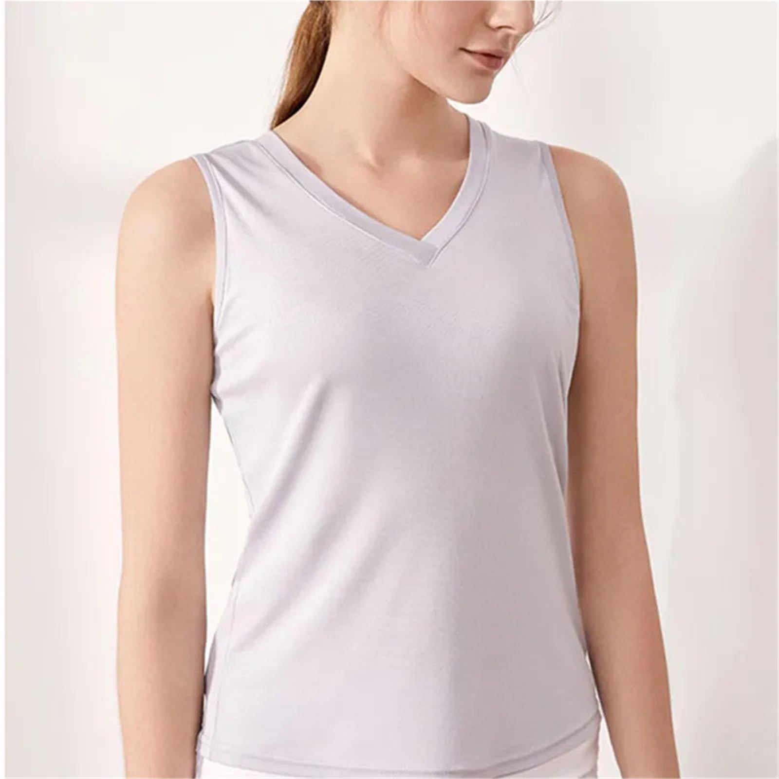 Camisola SóLida BáSica Camisola de Seda Morera Natural con Tirantes for Mujer, Chaleco Liso Cuello en V, sin Mangas para Niña Camisola