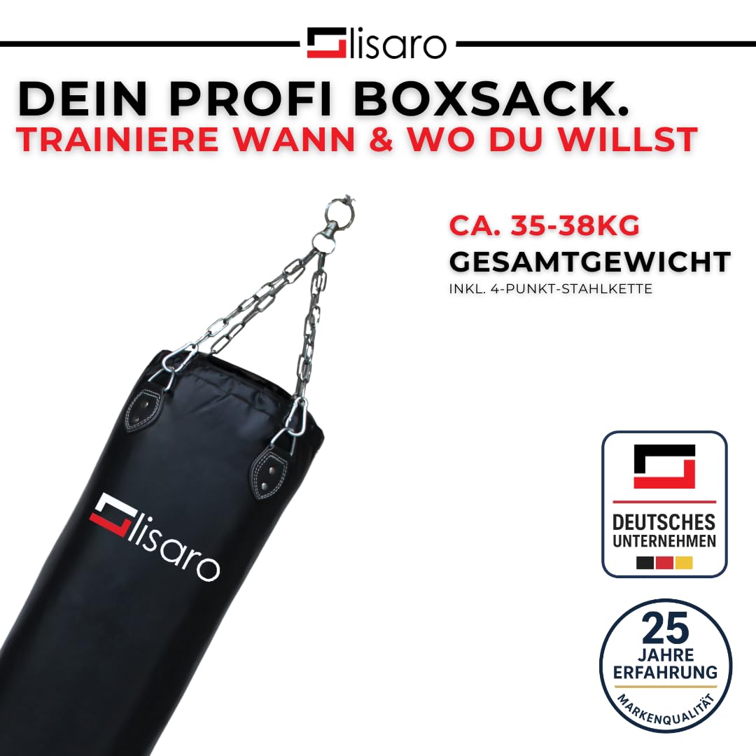 Lisaro Sacco da boxe professionale, 120 cm, adatto per ogni sport, ca. 35 – 38 kg, riempito, con catena in acciaio, materiale ecopelle (vinile), qualità da studio