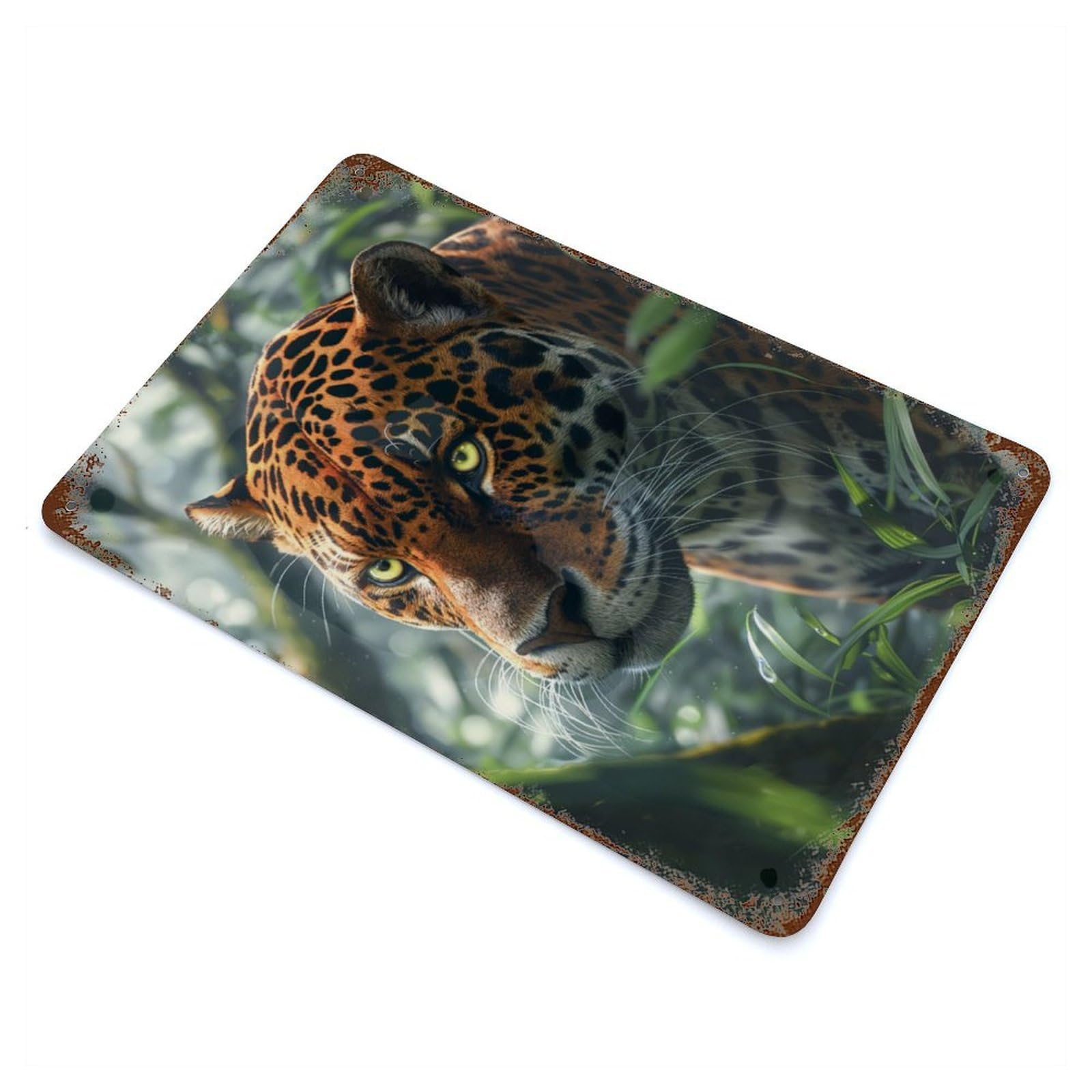 Decorative Tin Sign with Tropical Forest Jaguar Design 11.8"x7.9", for Garage, Bar And Workshop Decor, Farmhouse Wall Decor