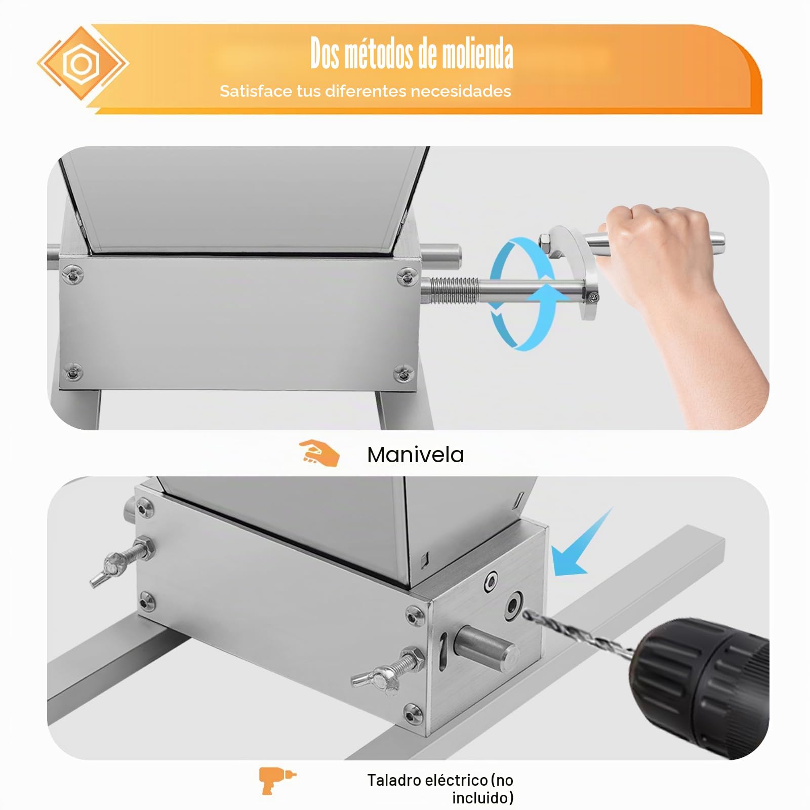 Trituradora de cereales manual 4 l, molinillo de granos, 26 cm, 2 rollos regulables 8 lbs/min, para cebada, trigo y otros granos