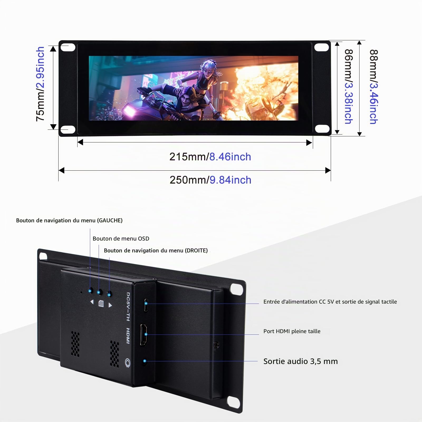 GeeekPi 7.84 inch 1280 x 400 Capacitieve Touchscreen LCD Display 2U Rack Mount Monitor voor DeskPi RackMate T0/T1/T2 Serverkast