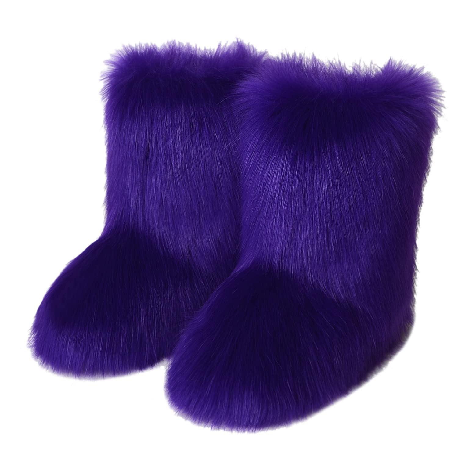 Womens Faux Fur Boots Winter Comfy Plush Warm Snow Boots Fuzzy Fluffy Furry Round Toe Suede Boots Comfortable