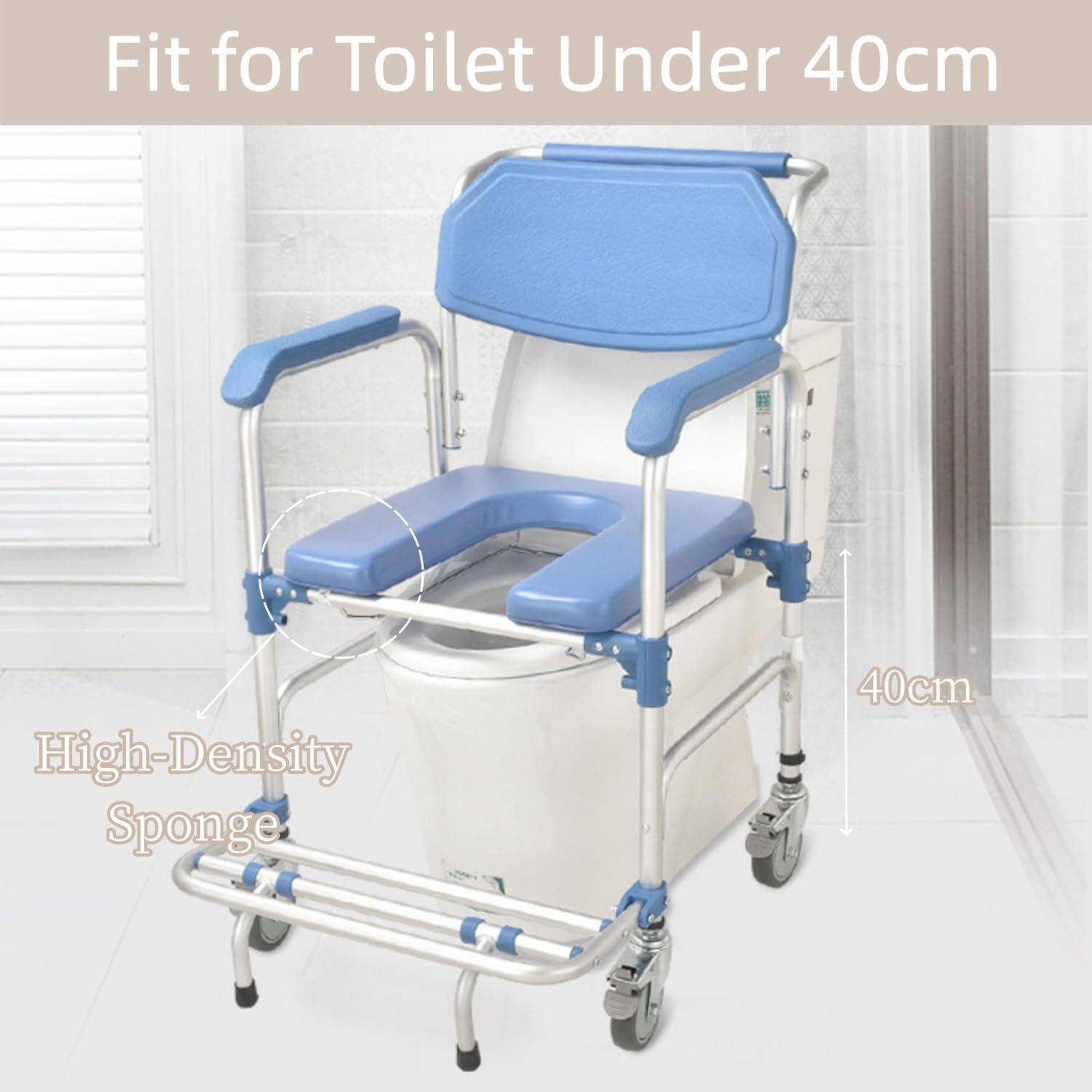 Duschstuhl mit Rollen,Toilettenstuhl für Senioren,Rollstuhl mit Duschsitz Wasserdichtes Stuhl Kommode Tragfähigkeit 150kg für Patienten Senioren Behinderte Schwangere