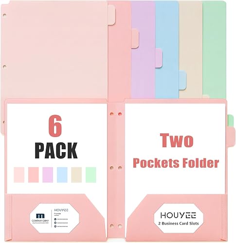 HOUYEE 6 Pack Plastic Folders with Pockets 3 Hole Punched, 2 Pockets File Folders For 3 Ring Binder, With 2 Business Card Slot, 1/6 Cut Tabs & Labels, For Letter Size, School Office Home Bussiness Use