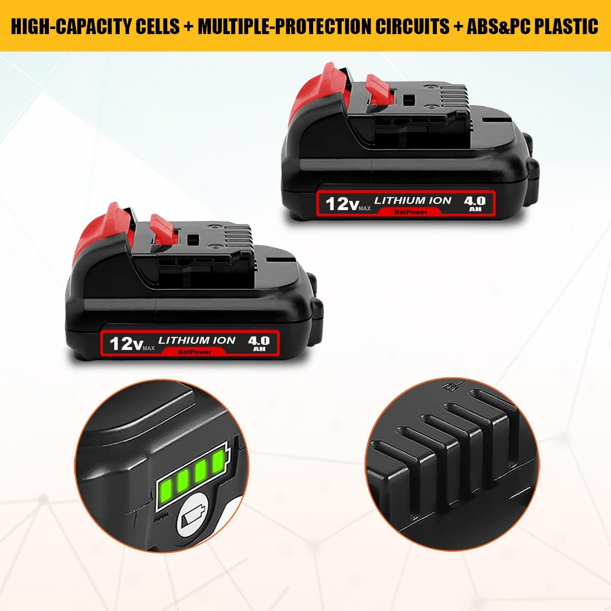 BatPower 2-Pack Replacement Battery Compatible with DeWALT 12V MAX System, 4.0Ah Sub-Compact Lithium-Ion Battery for 12 Volt Cordless Power Tools DCB120 DCB127 DCB122 (2 Packs)