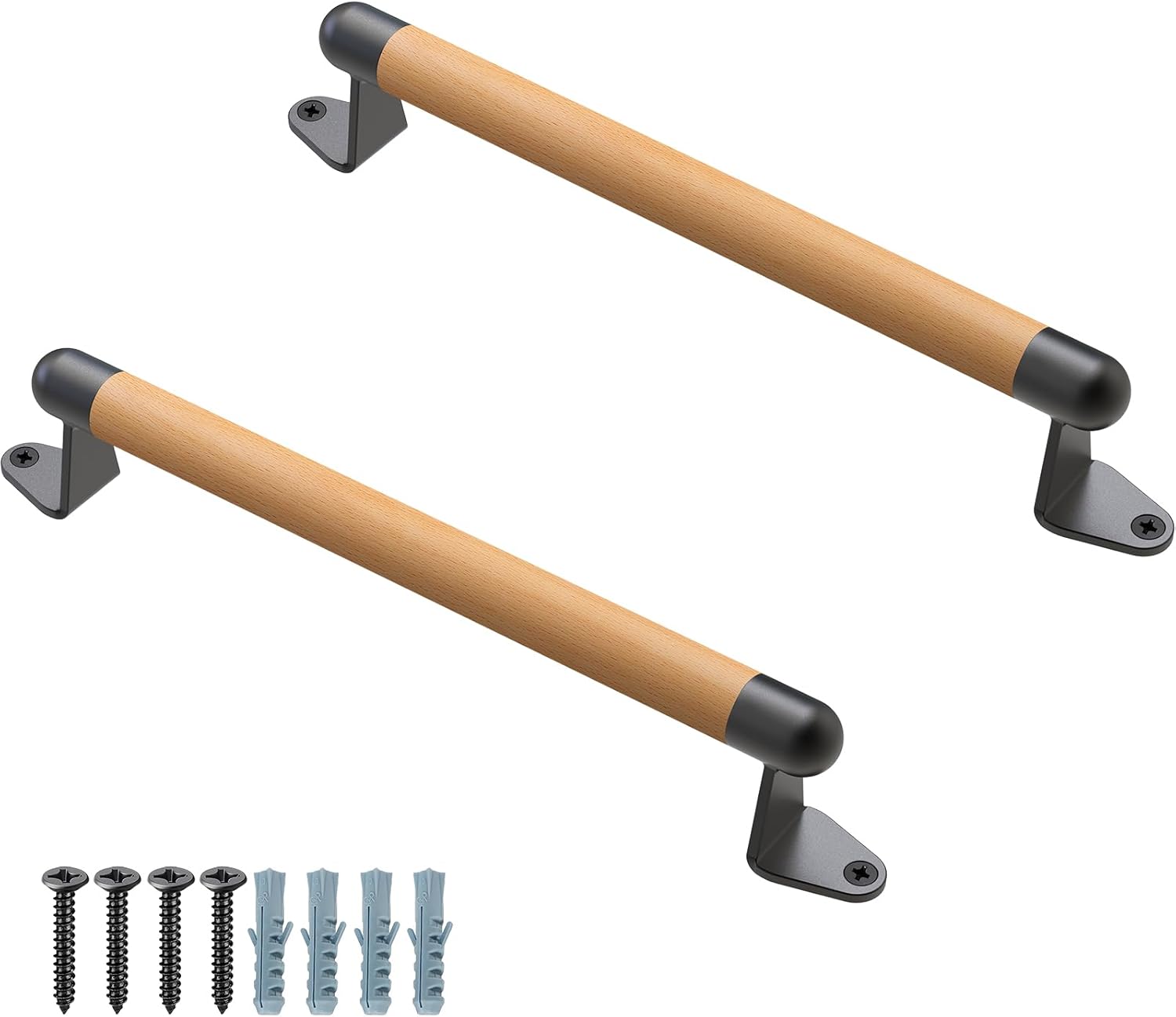SELEWARE 2 Pcs 17 Inch Barn Door Handle - Solid Beech Wood with Black Metal Brackets, Sliding Door Pull Handle for Fence Gate, Closet, Shed, Indoor Handrail, Playground Safety Handles, Easy Install