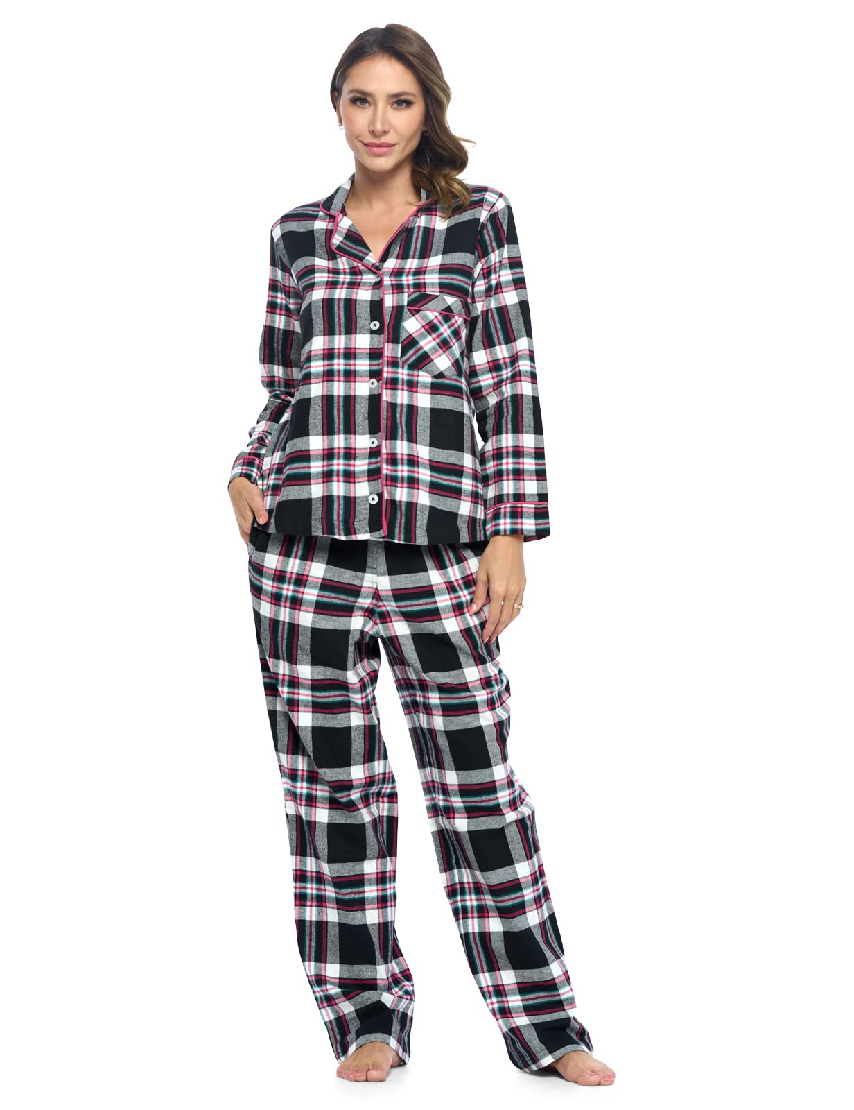Ashford & Brooks Women's Flannel Plaid Pajamas Long Sleeve Button Down Pj Set