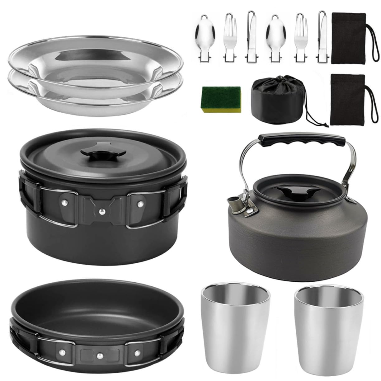 SUPVOX Juego de Utensilios de Cocina para Camping Olla, Tetera y Sarten de Aleación de Aluminio para 2-3 Personas, Portátil Transferencia Rápida de Calor y Agarre Firme Adecuado
