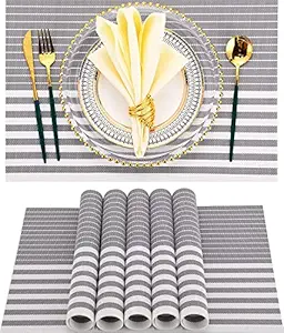 pepplo PVC Placemats,Placemats for Dining Table,Heat-Resistant Placemats, Washable Table Mats,Kitchen Table Mats Set of 6, Grey Line (PLC10C6)