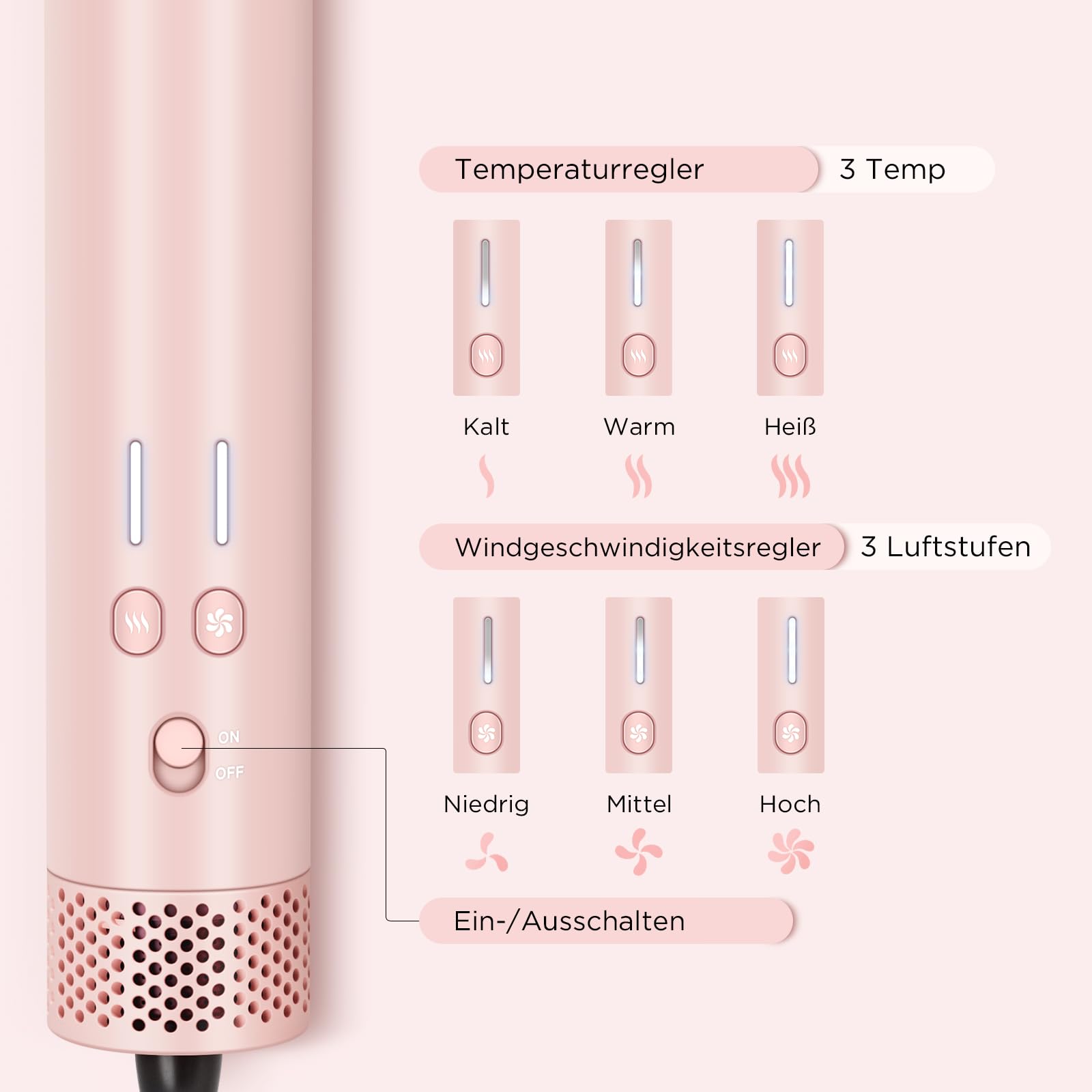 5 in 1 Airstyler, Airstraight＆ Auto-Wrap Lockenaufsätzen, PARWIN PRO BEAUTY MaxAIR 2.0 Multi Hairstyler, 110.000 RPM Föhn, Automatische Doppelspannung, zum Trocknen, Locken, Stylen, 1200W - Rosa