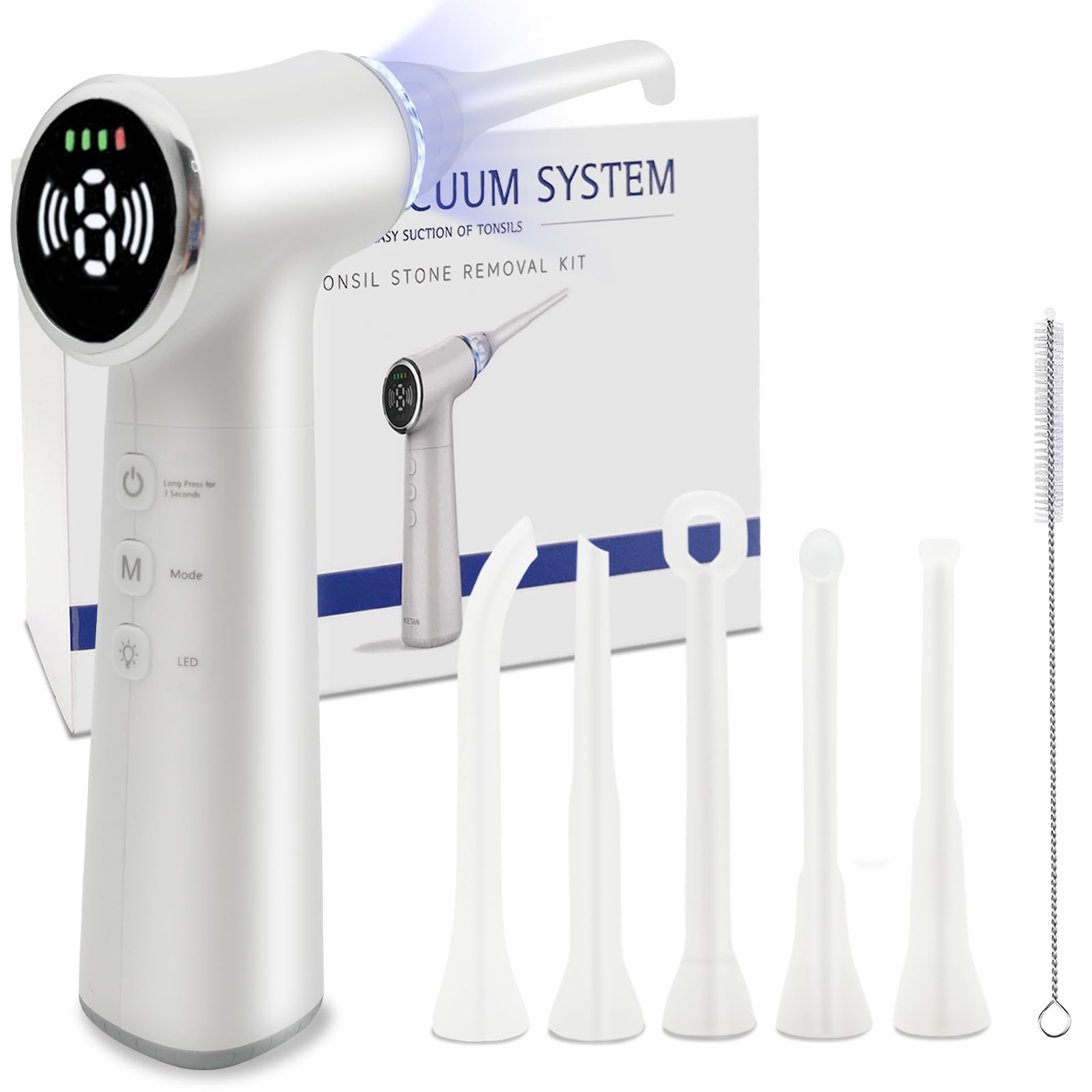 Electronic Vacuum Tonsil Stone Remover with LED Light - Tonsil Stone Removal Kit with 6 Levels Suction - Hassle-Free Instant Suction, Shadowless Light for Guidance, 5 Different Silicone Nozzles