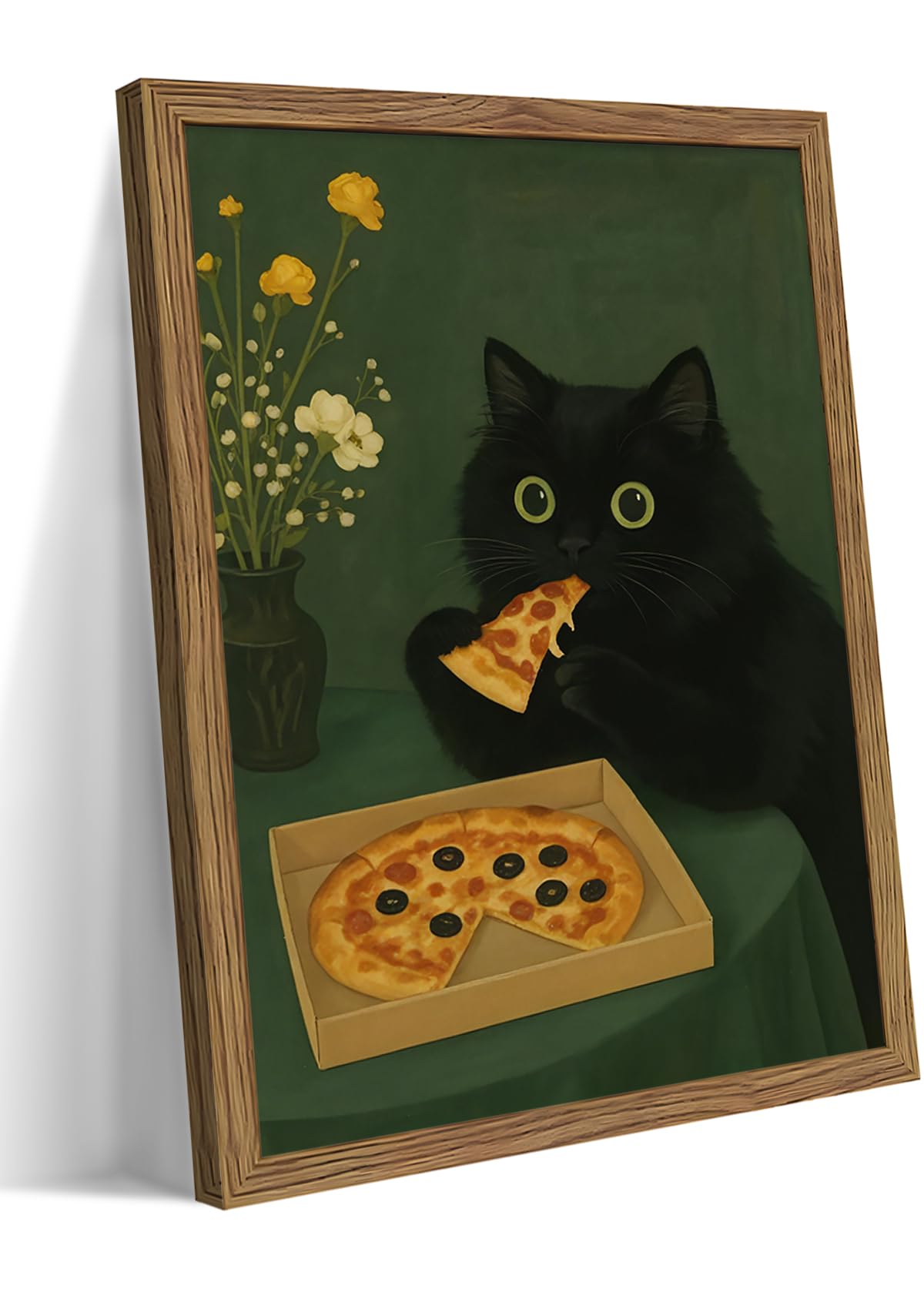 Framed Black Cat Wall Art, Cute The Cat Eating Pizza Canvas