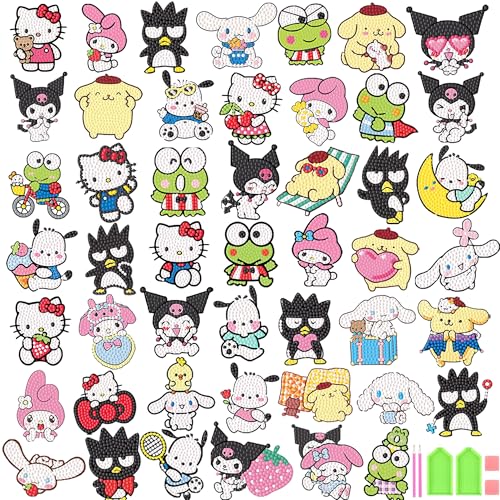 Sretoul 48 Pcs Cartoon Diamond Art Stickers Kits for Kids - Diamond Art Painting Sticker Cute Characters DIY Mosaic Kits for Kids Gift Decor for Water Bottle Notebook Decoration