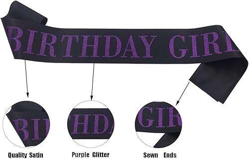 Miniatura 6 de Banda de cumpleaños para mujer, banda de satén negro con purpurina morada, decoraciones de fiesta de princesa de feliz cumpleaños, suministros de