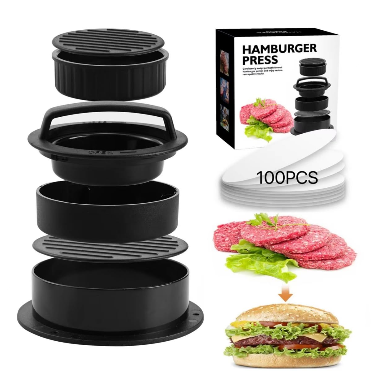 Tannest Stuffed Burger Press, 3 in 1 Nonstick Hamburger Patty Maker,Burger Smash Patty Maker with 100Pcs Burger Paper for Easily Making Delicious Burgers, Regular Beef Burger&Perfect Shaped Patties