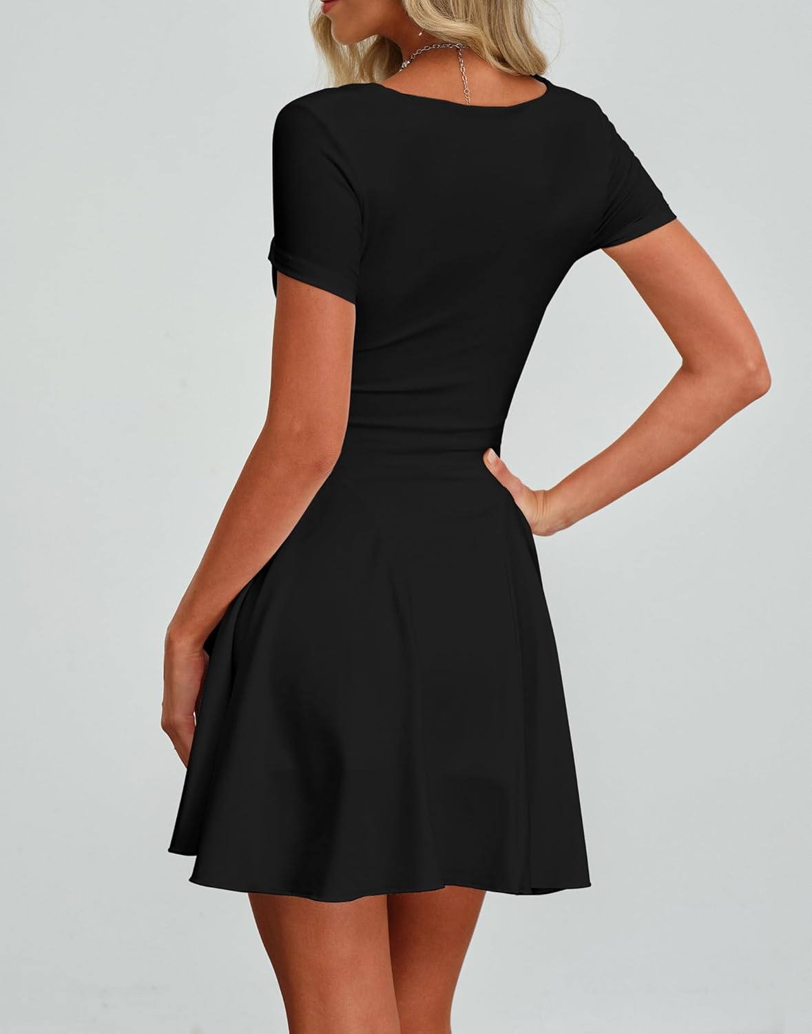 HYPERFIRE Women's Square Neck Flowy Dress Short Sleeve Ruched A Line Mini Short Dresses Party Going Out - Image 2