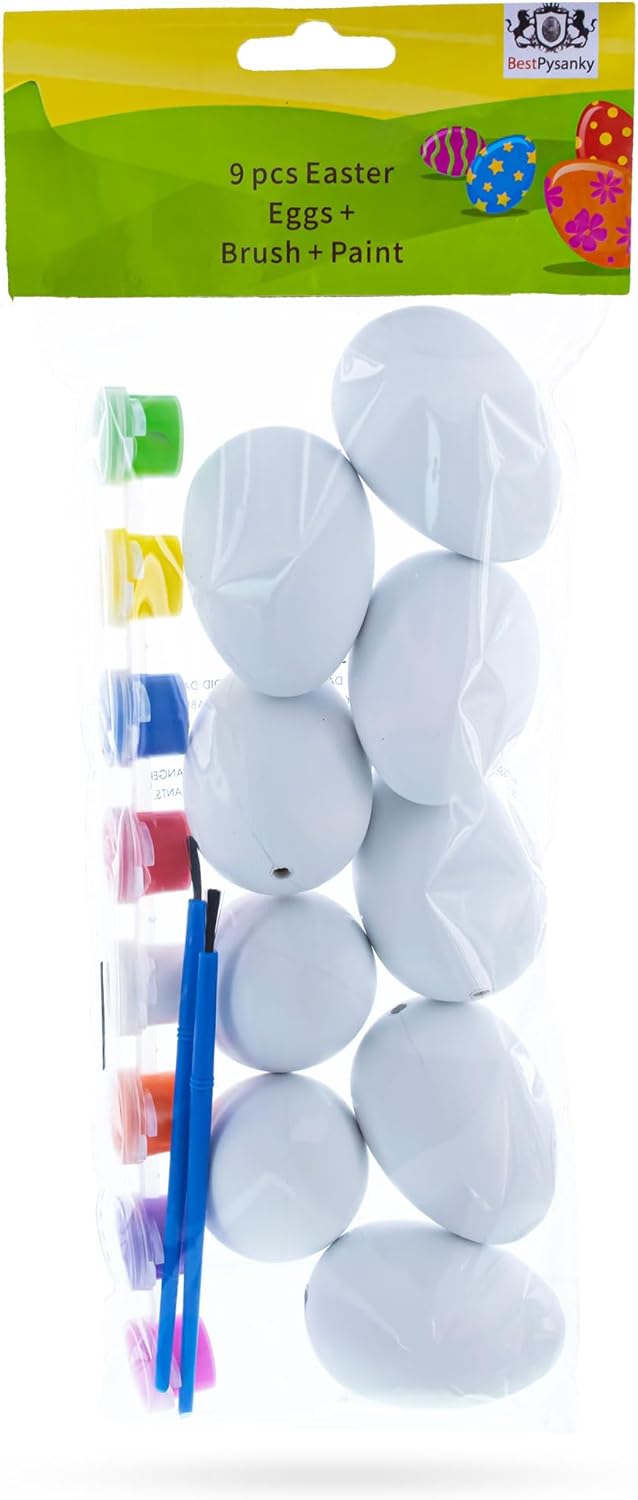 BestPysanky DIY Easter Egg Painting Kit – 9 Blank Plastic Eggs with 8 Paints & 2 Brushes for Decorating