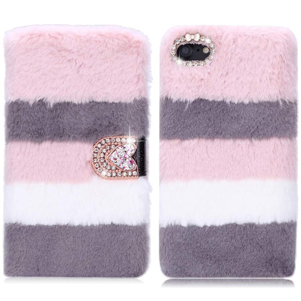 LAPOPNUT for iPhone 6 Case iPhone 6S Case Luxury Faux Fur Flip Case Super Soft Cover Cute Fluffy Furry Folio Shockproof Cover for Women Girls iPhone 6/6S(Grey&Pink)
