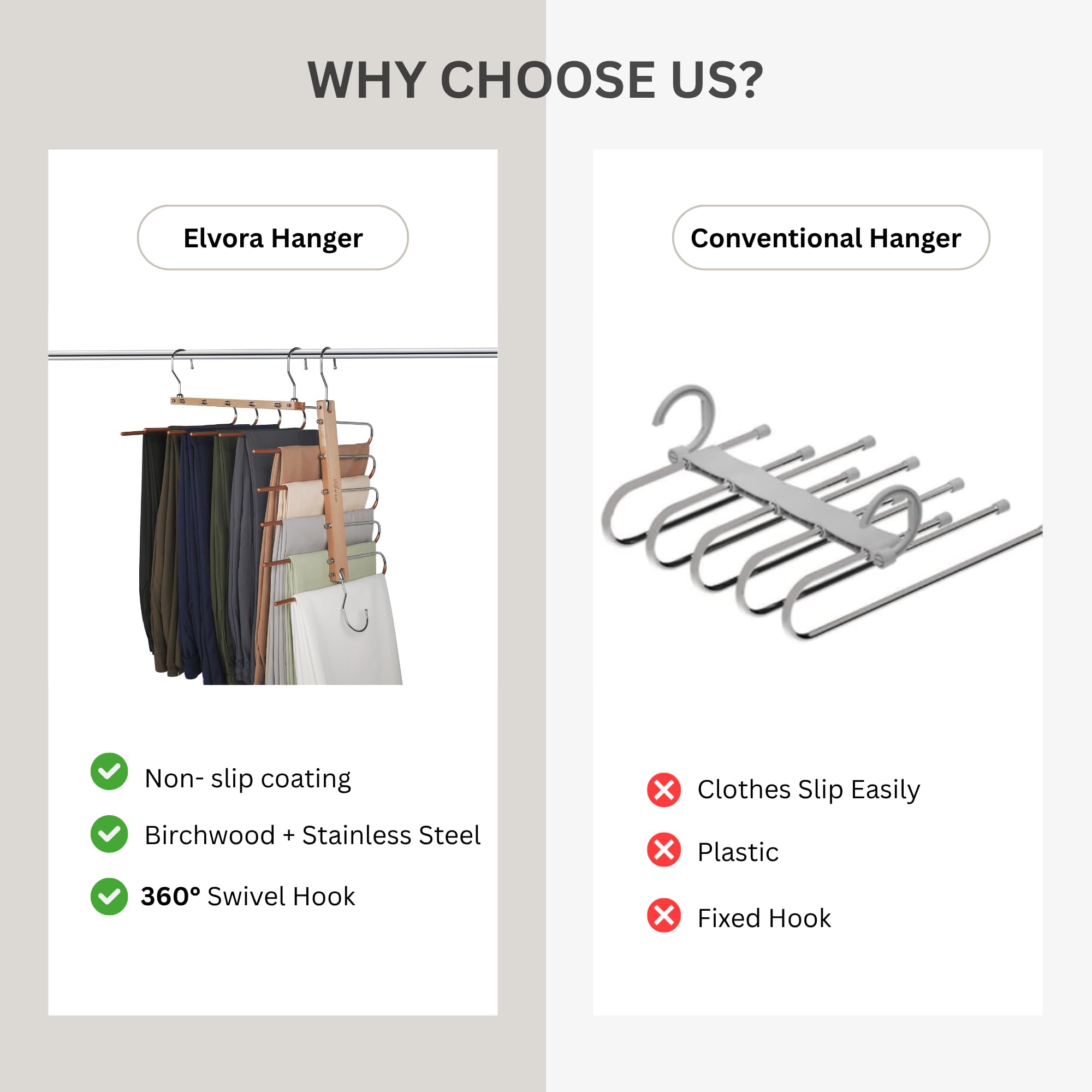 Hosenbügel, rutschfest, 2 Stück, platzsparend, mehrschichtig, multifunktionaler Kleider-Organizer für Hosen, Jeans, Schals, Röcke (Natur)