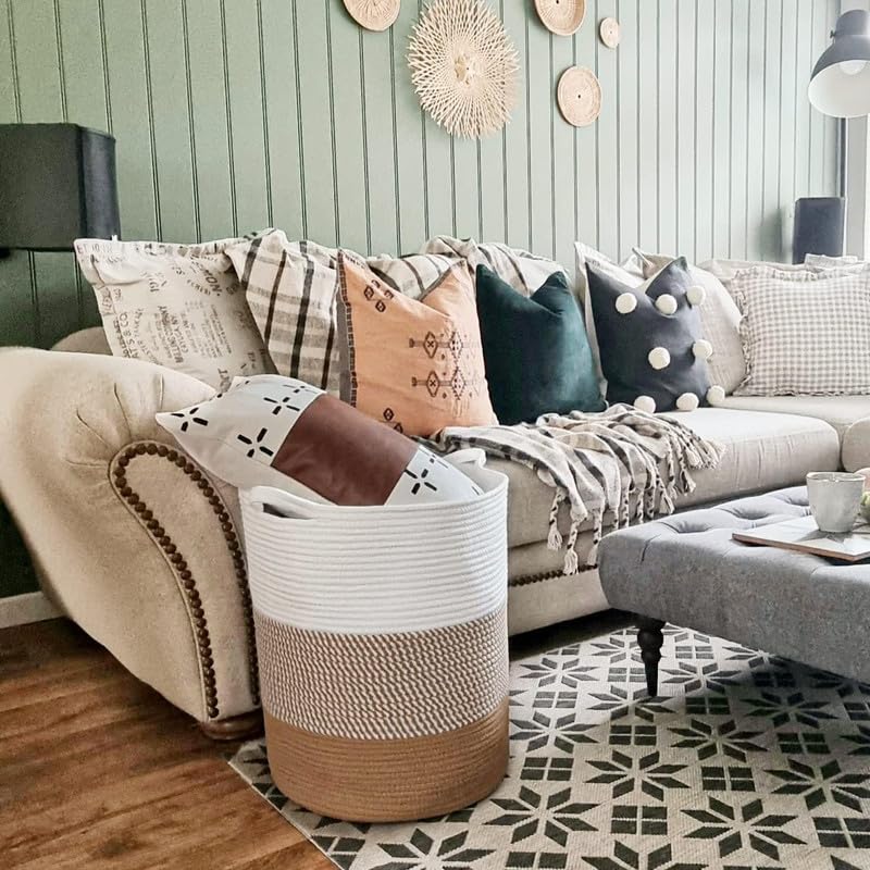 Image of Large Basket Natural Cotton Rope Storage Basket and Hamper for Cloths and Multi Usage in Living Room, Bedroom, Laundry Room (Size - 14 inch x 14 inch x 16 inch) (White Beige Tiranga)