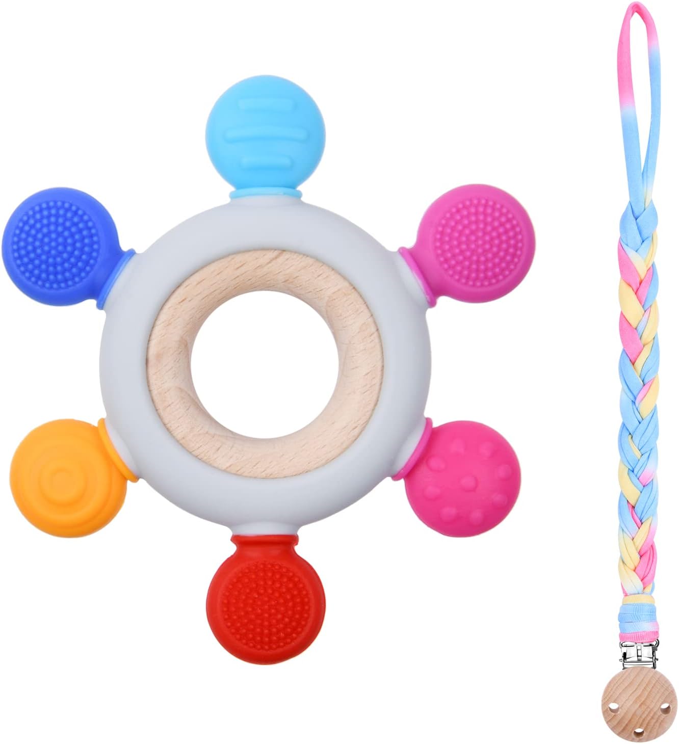 Vicloon Mordedor de Bebé con Cadena de Leche Timón,Mordedor sin BPA,Juguete para la Dentición,Juguetes Sensoriales,Mordedor de Silicona con Anillo de Madera para Bebés(Brillantes+Colorido)