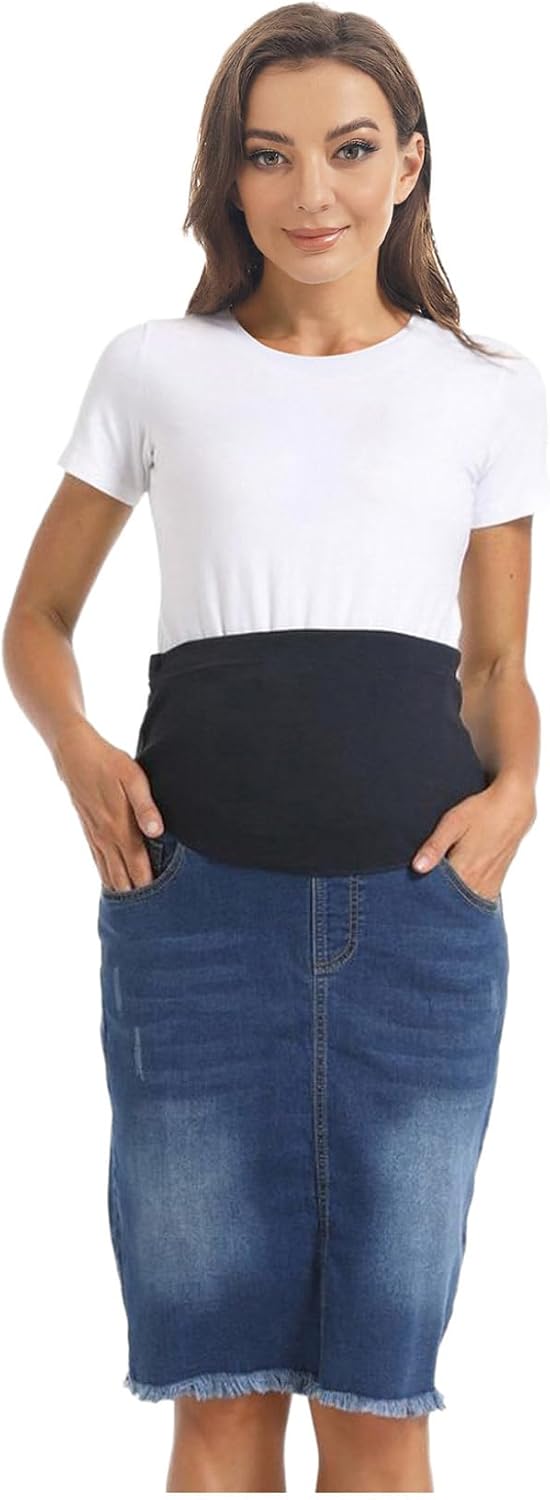 Maternity Jean Midi Skirt Over Belly Design Knee Length Denim Bottom with Pockets Perfect Mom Gift