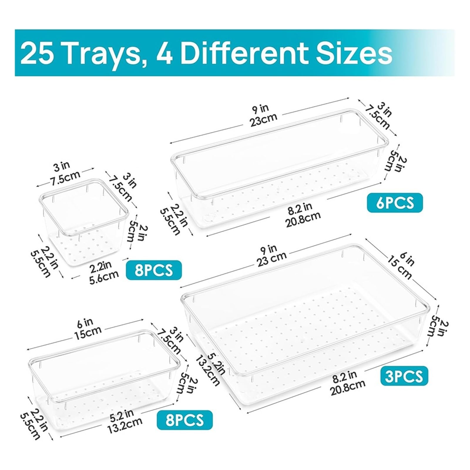 Generico Set da 25 organizzatori for cassetti in plastica trasparente, vassoi versatili for bagno e vanità in 4 dimensioni