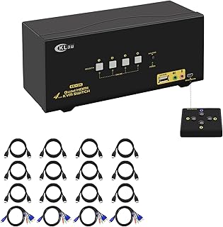 CKLau 4Kx2K@60Hz 4 Port Quad Monitor KVM HDMI Switch with Audio, Microphone, USB 2.0 Hub, Cables for 4 Computers Sharing Single Keyboard, Mouse and 4 Monitors Support HDMI 2.0, EDID