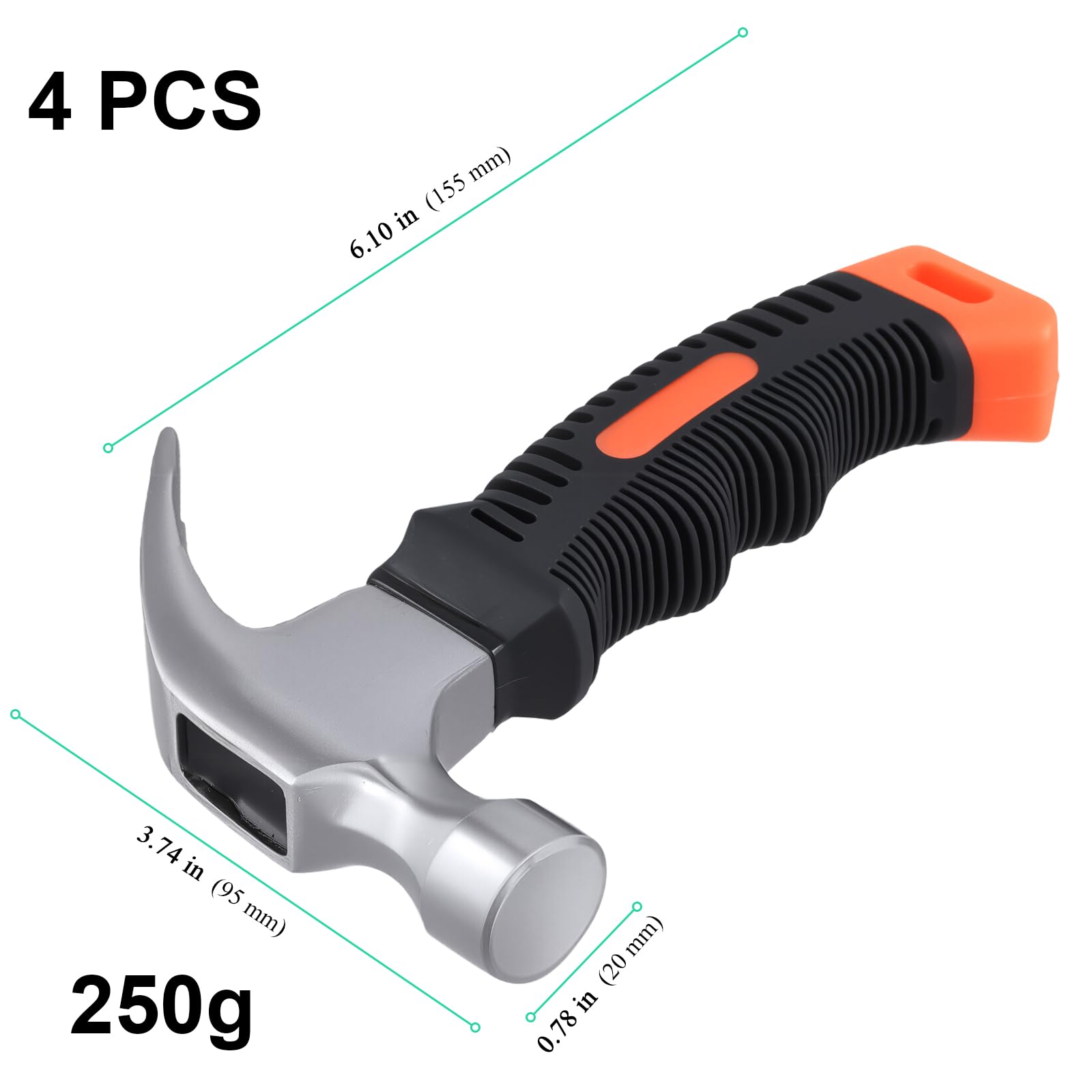 SENJEOK 4 PCS 8oz Mini Claw Hammer, Small Stubby Hammer Set for Pin Nail Picture Hanging, Red,black, 160 x 110 x 23 mm - Image 2