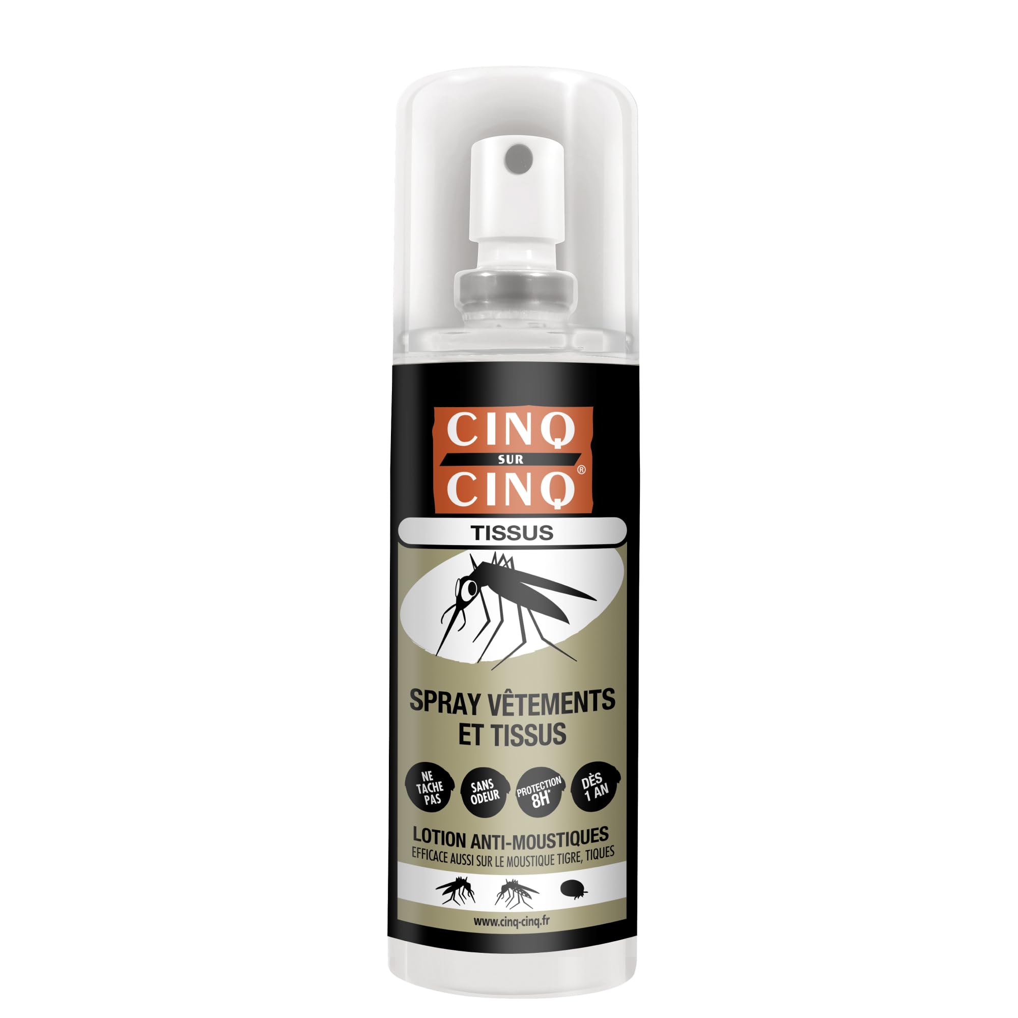 CINQ SUR CINQ Spray Vêtements Et Tissus Anti-​Moustiques 100 ml – Moustiques Tigres – Protection Jusqu'à 8h – Dès 12 Mois – Sans Odeur – Ne Tâche Pas