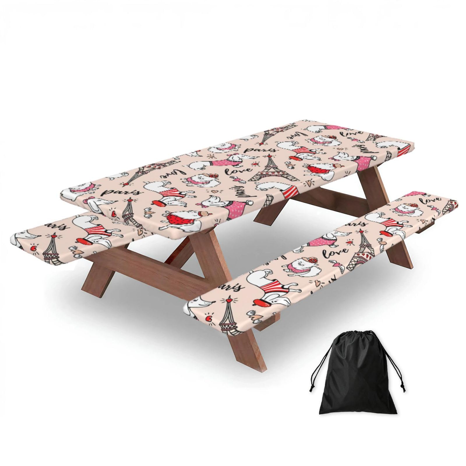 Yqxwjl Black Parisian Dachshund And Eiffel Tower Print Camping Essentials Waterproof Camping Table And Bench Cover With Drawstring Bag 183 Cm