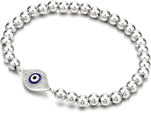 COOLSTEELANDBEYOND Pulsera de cuentas para mujeres y hombres con protección de circonita cúbica contra el mal de ojo