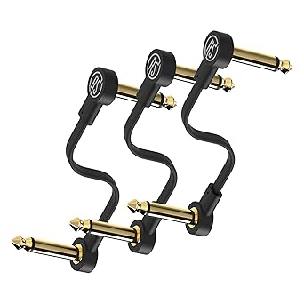 Rock Stock Guitar Flat Patch Cables (Pack of 3) - 6 Inch S-Shape Ultra-Thin Effect Guitar Pedal Patch Cables - Right-Angle, Black with Durable Gold Plated Connectors, Maximize Pedalboard Space