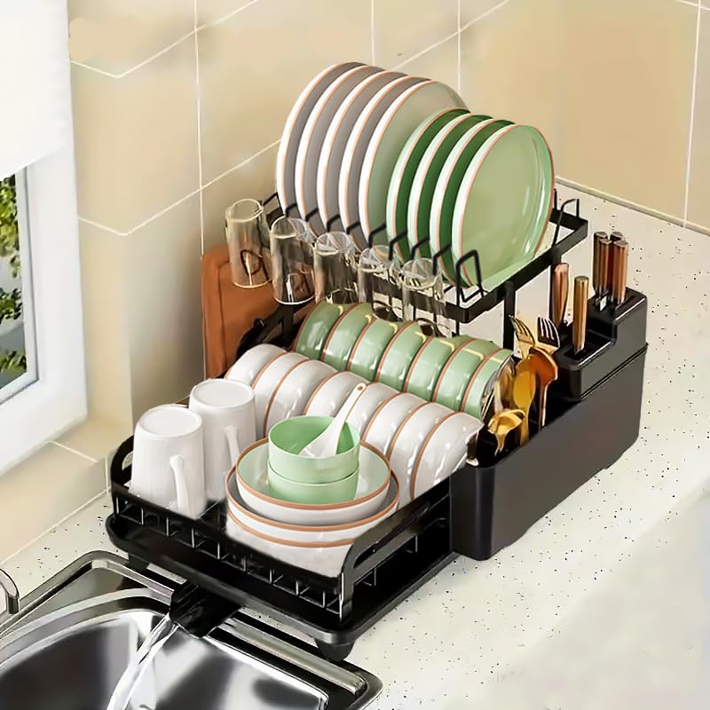 Divtada 2-Tier Dish Drying Rack for Kitchen Counter - Large Collapsible Dish Rack with Drainboard, Rustproof & Non-Slip Design, Space Saving Dishwasher Rack Dish Drainer -Black