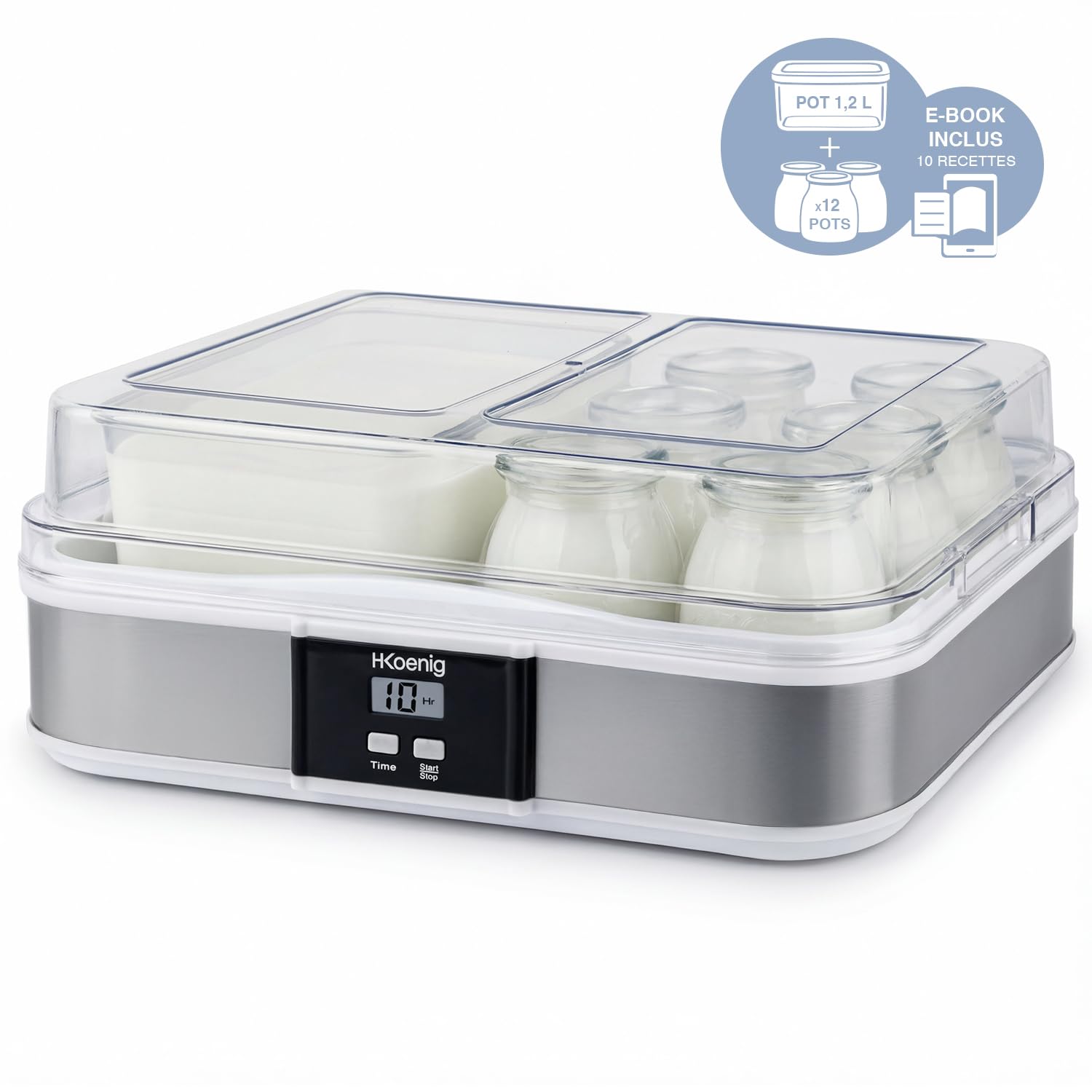 H.Koenig Yogurt Maker 12 Pots ELY120, Capacity 12 x 160 ml, Programmable, LCD Display, Stainless Steel Body, BPA-Free, Dishwasher Safe, Automatic Shut Off, Power 21.5 W