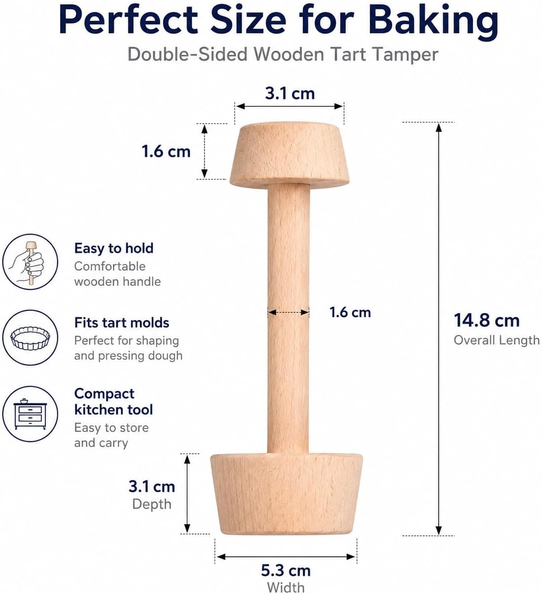 Wooden Tart Tamper, Double Sided Pastry Pusher for Egg Tart, Pie, Quiche, Kitchen Baking Tools