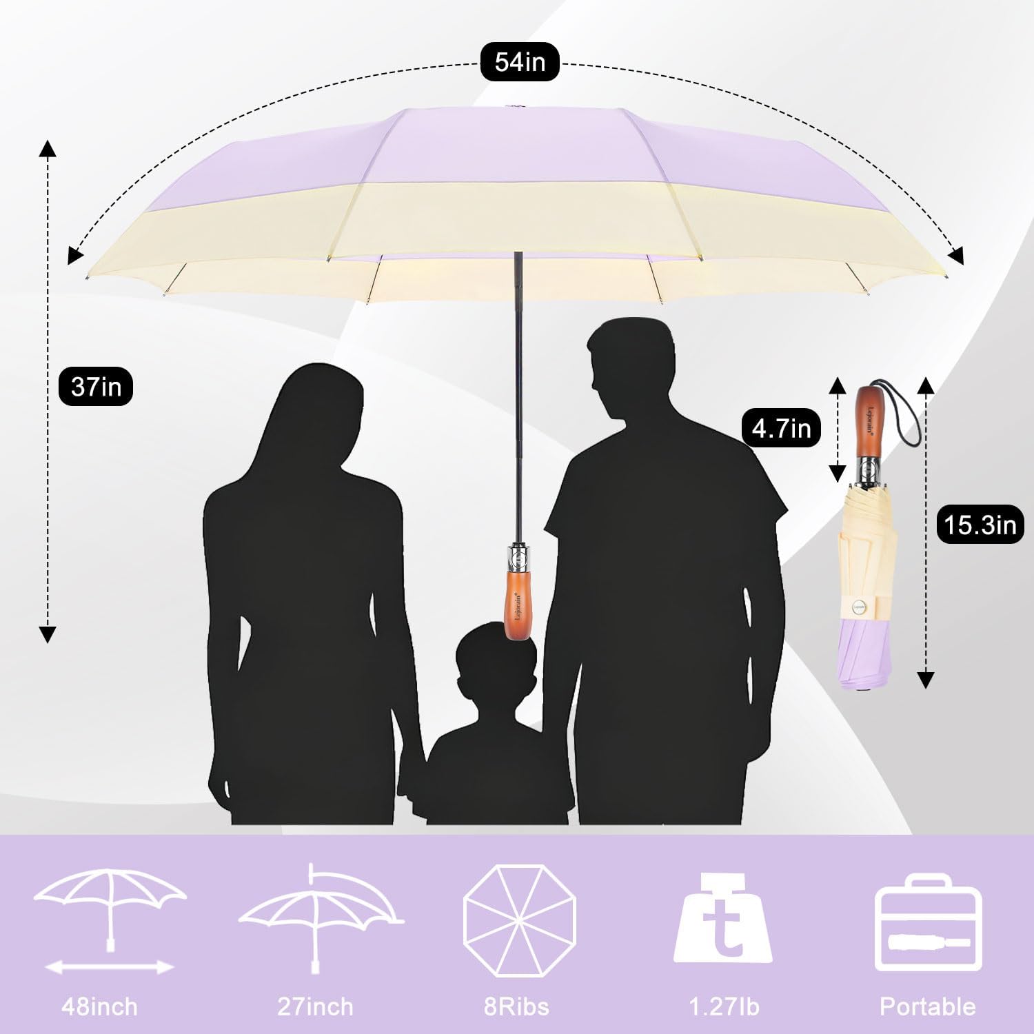 Lejorain Compact Golf Umbrella Large - 54inch Travel Big Portable Automatic Folding Umbrella Windproof for Men Heavy Duty 210T Dupont Teflon Coated Umbrella for Rain - Image 2