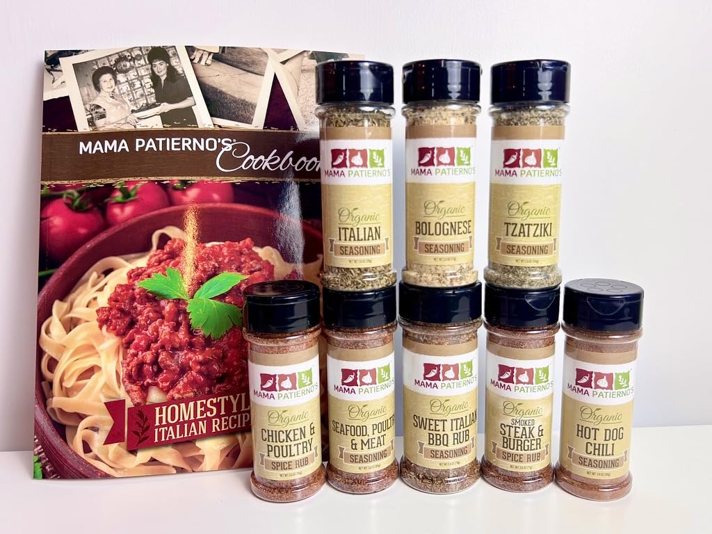 Mama Patierno's Organic Seasoning Gift Set with Cookbook, 8 USDA Certified Spice Blends, Italian Recipes Collection, Traditional Family Cookbook