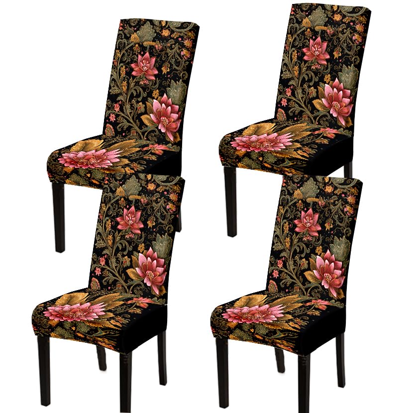 Image of Black Gold Lotus Floral Dining Chair Covers Set of 4