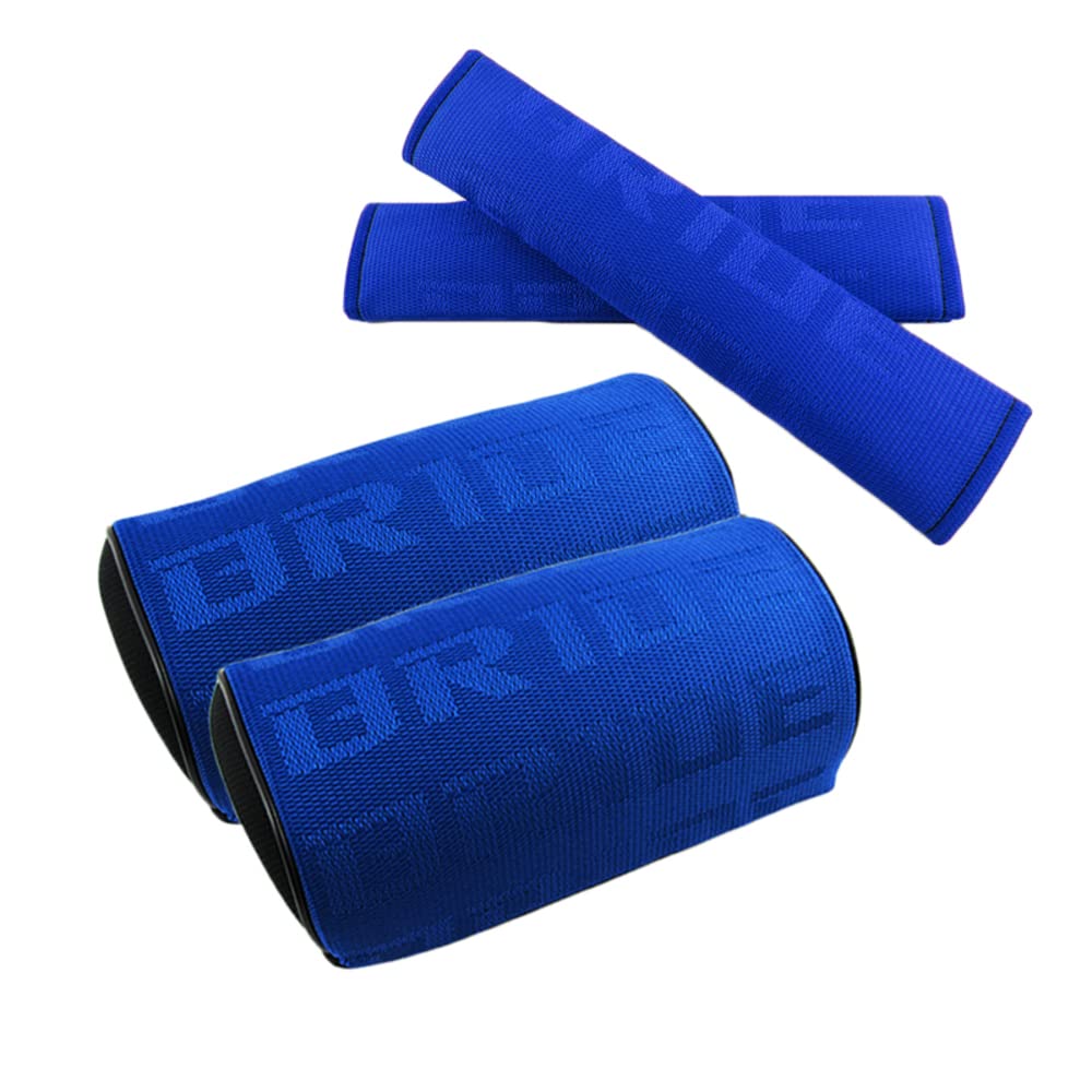 W-POWER 4PCS JDM Bride Racing Gradation for Car Seat Neck Rest Headrest Pillow with Seat Belt Cover Combo, Fabric Bucket seat Material (Blue)