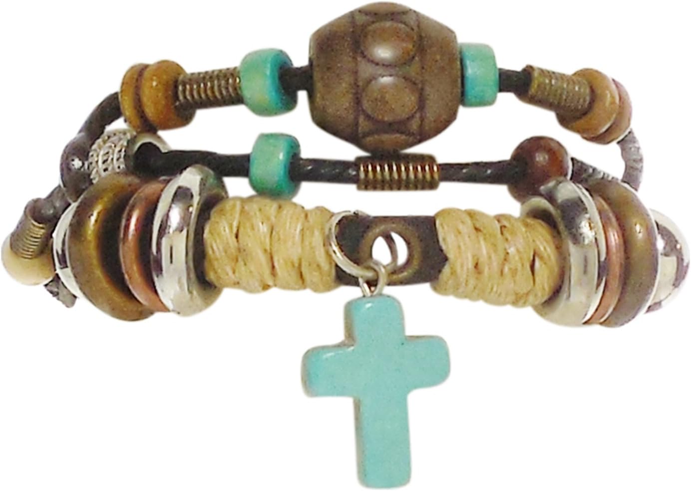 Beaded Black Leather and Turquoise Cross Bracelet - Kiki's Cross of Serenity