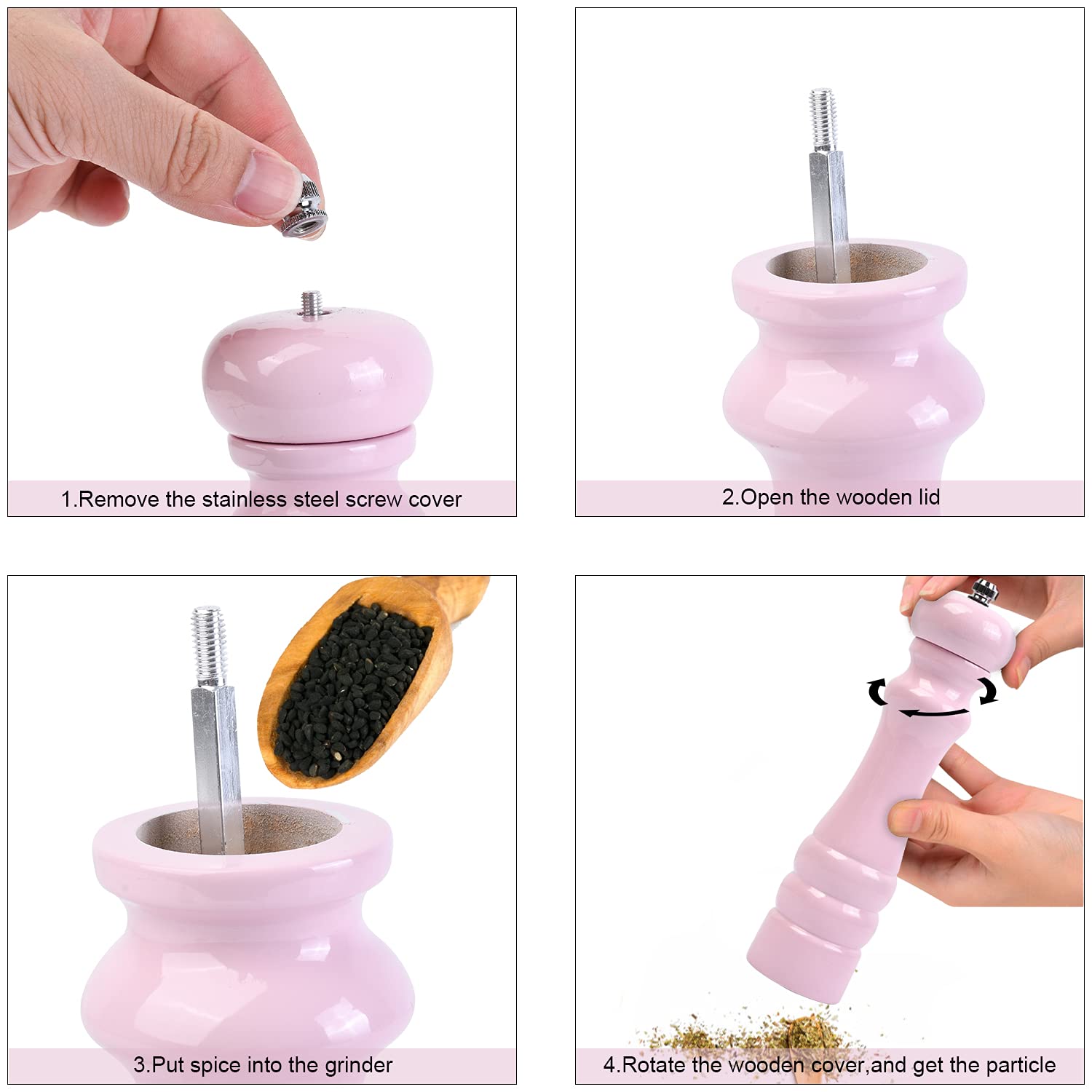 Macinino Manuale Per Sale E Pepe In Legno Di Gomma Rosa, Con Nucleo In Ceramica Regolabile, Altezza 15,2 Cm, Ricaricabile, Per Cucina E Picnic - 3